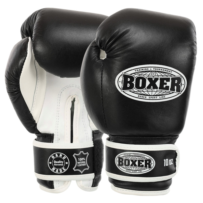 Рукавиці боксерські на липучці шкіряні BOXER 2023 10-12унцій Синій-чорний