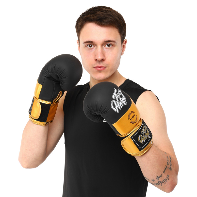 Рукавиці боксерські на липучці PU HARD TOUCH BO-4439 10-14 унцій Чорний-золотий