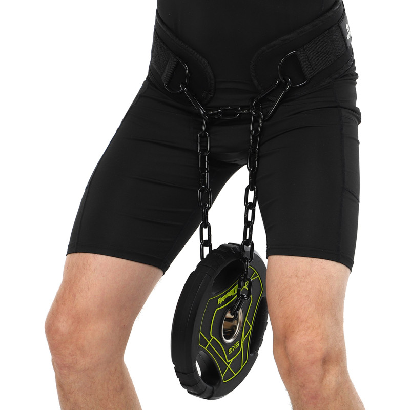 Пояс атлетичний для обтяження текстильний з ланцюгом та карабіном EZOUS DIP BELT ARMOR N-01 спинка-17см чорний