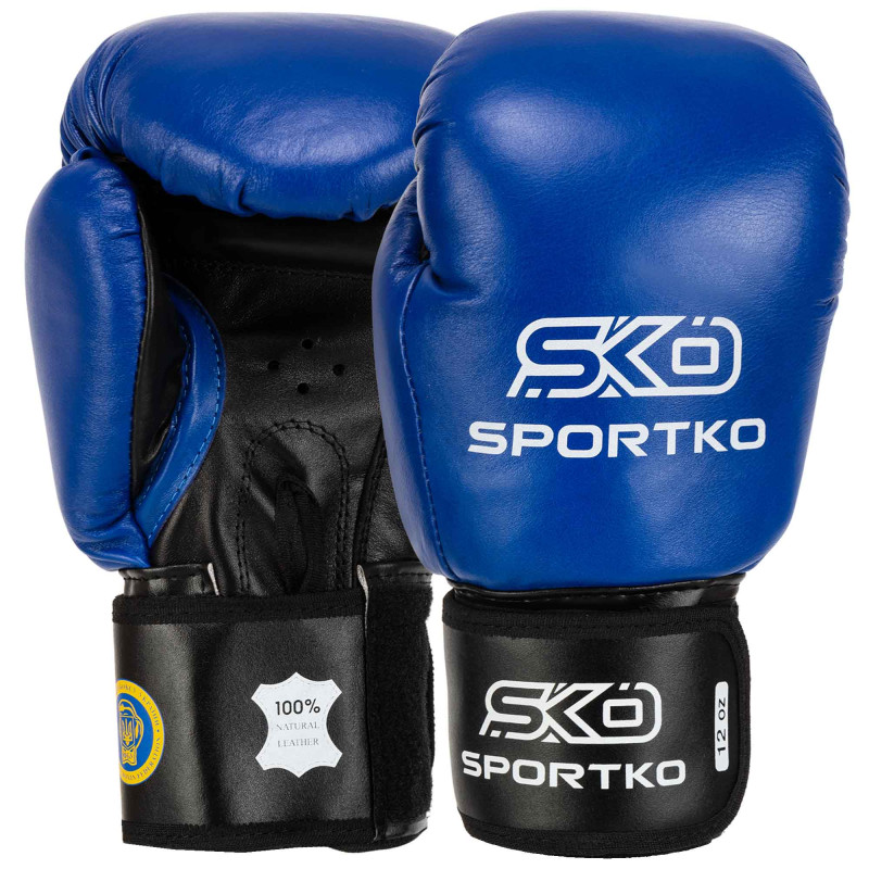 Рукавиці боксерські професійні на липучці шкіряні ФБУ SPORTKO ПК1 SP-4705 10-12унцій Синій