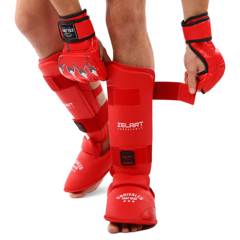 Захист гомілки та стопи для карате щитки та фути Zelart BO-7249 XS-XL Червоний