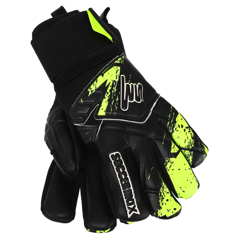 Рукавиці воротарські професійні із захистом пальців SOCCERMAX GK-4315 розмір 7-11 чорний-салатовий