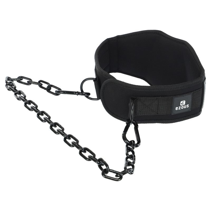 Пояс атлетичний для обтяження текстильний з ланцюгом та карабіном EZOUS DIP BELT ARMOR N-01 спинка-17см чорний