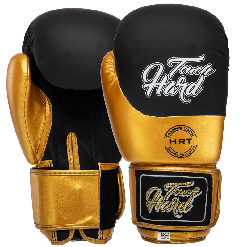 Рукавиці боксерські на липучці PU HARD TOUCH BO-4439 10-14 унцій Чорний-золотий