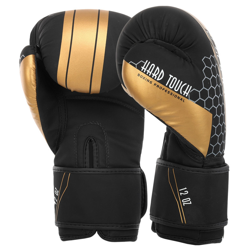 Рукавиці боксерські на липучці PU HARD TOUCH BO-4238 10-14 унцій Чорний-золотий
