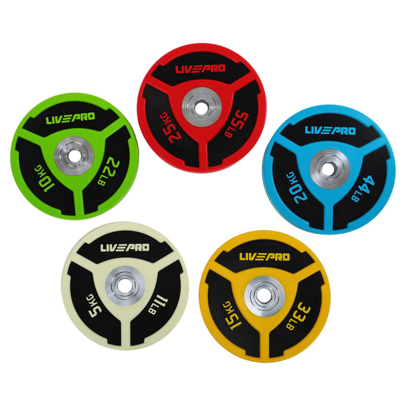 Бамперні диски поліуретанові Bumper Plates LiveUp LP8027-25 ø50.5мм 25кг червоний-чорний