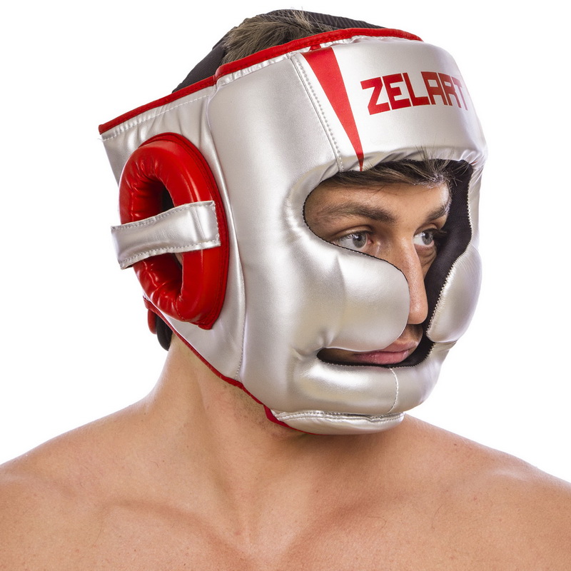 Шолом боксерський з повним захистом PU ZELART BO-1328 M-XL Срібний-червоний