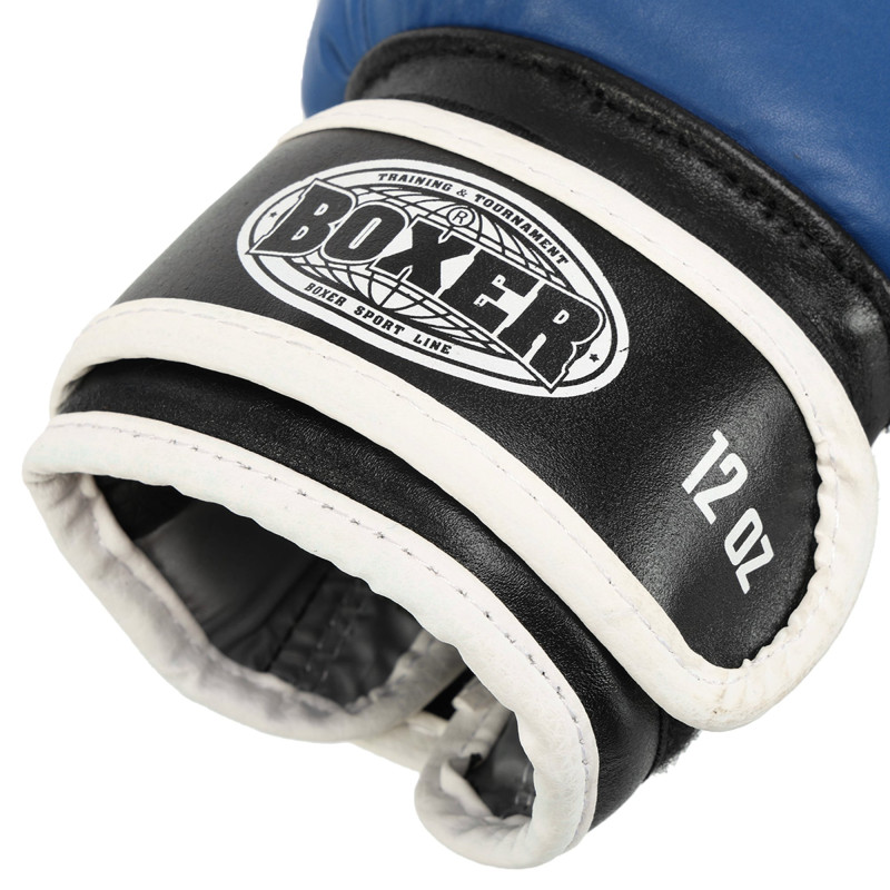 Рукавиці боксерські на липучці шкіряні BOXER 2023 10-12унцій Синій-чорний