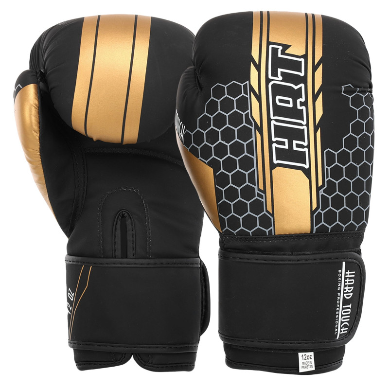 Рукавиці боксерські на липучці PU HARD TOUCH BO-4238 10-14 унцій Чорний-золотий