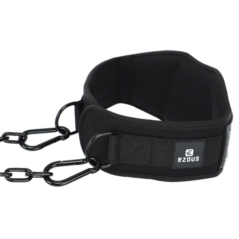 Пояс атлетичний для обтяження текстильний з ланцюгом та карабіном EZOUS DIP BELT ARMOR N-01 спинка-17см чорний