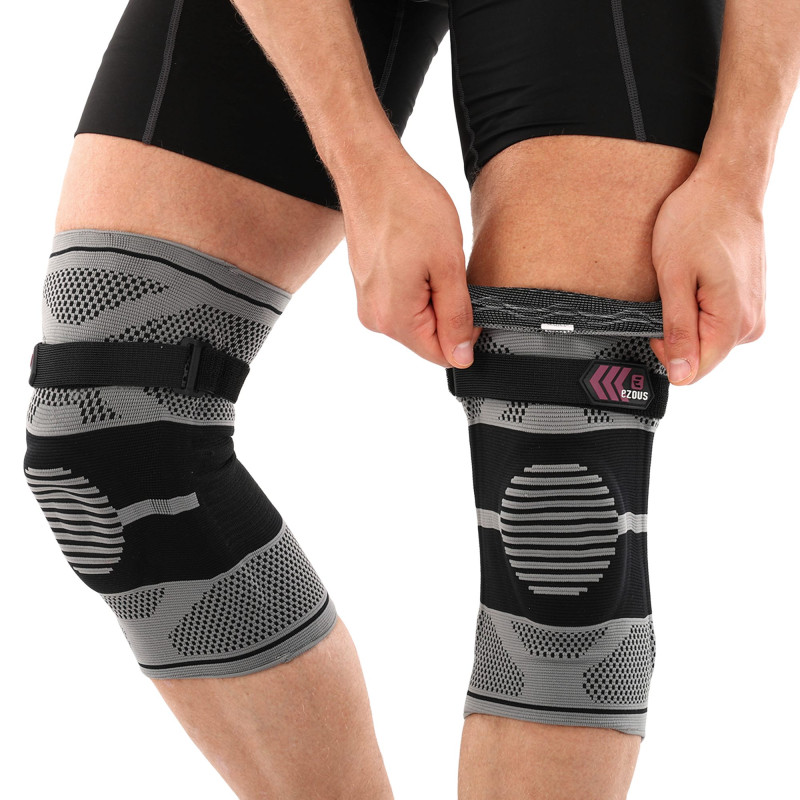 Наколінники спортивні еластичні компресійні з фіксуючим ременем KNEE BRACE EZOUS A-07 2шт M-XL сірий-чорний