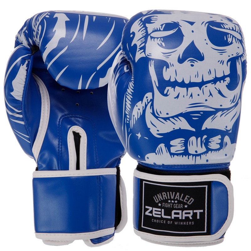 Рукавиці боксерські на липучці FLEX Zelart SKULL BO-5493 8-12 унцій Синій