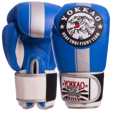 Рукавиці боксерські на липучці шкіряні YOKKAO YK016 10-16унцій Синій-сірий