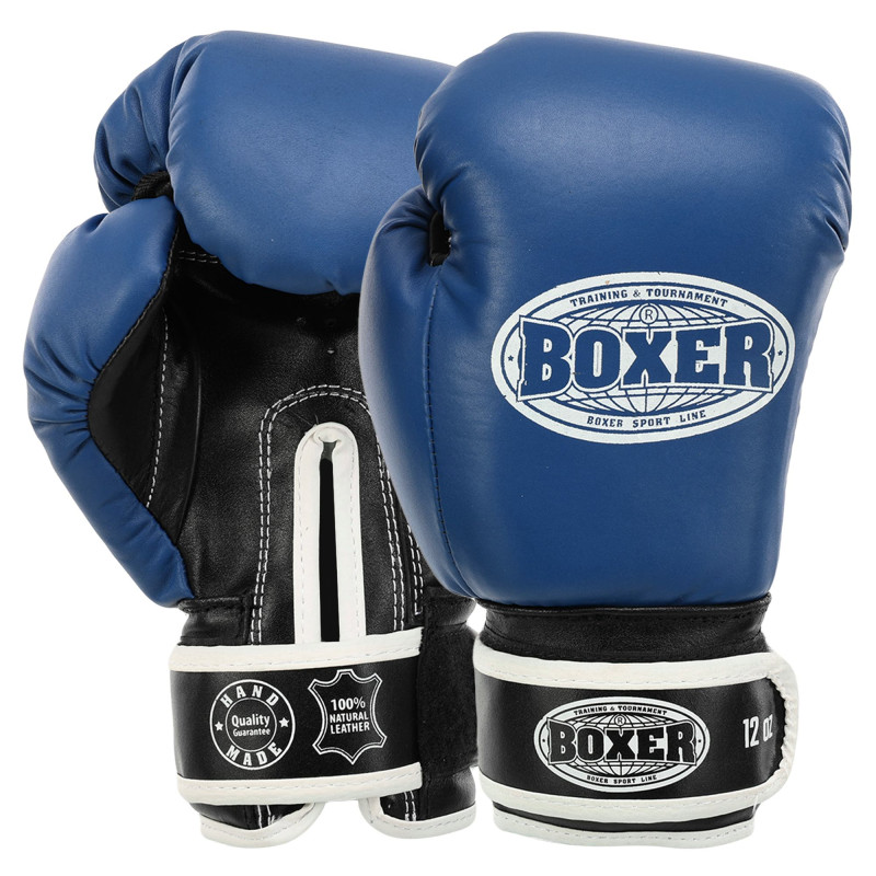 Рукавиці боксерські на липучці шкіряні BOXER 2023 10-12унцій Синій-чорний