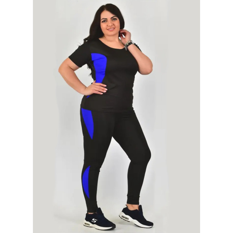 Жіночий спортивний костюм батал великих розмірів чорний з синіми вставками