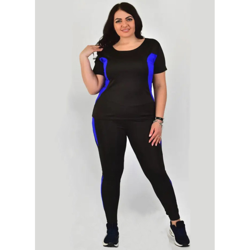 Жіночий спортивний костюм батал великих розмірів чорний з синіми вставками