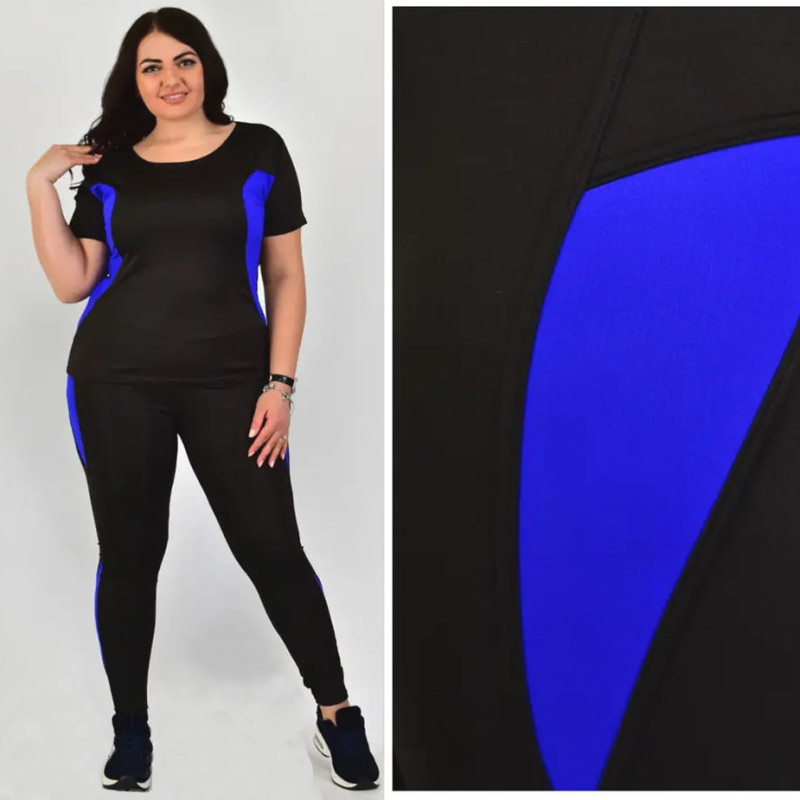 Жіночий спортивний костюм батал великих розмірів чорний з синіми вставками